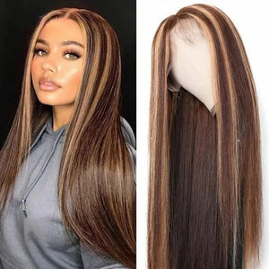 Human Hair Lace Wig Silky Straight Honey Blonde Highlight Color P4/27