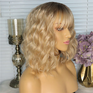 Synthetic Wig Wavy Water Wave Side Part Honey Blonde With Bangs Synthetic Hair 14 inch