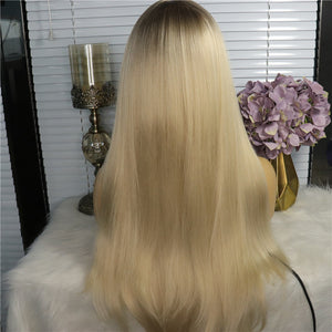 Synthetic Wig Silky Straight Bang Wig Long Honey Blonde Machine Made Hair 24 inch