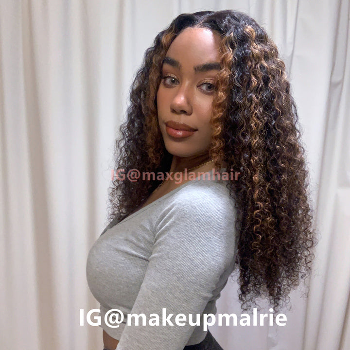 T Part Lace Wig Curly Gold Black Mixed